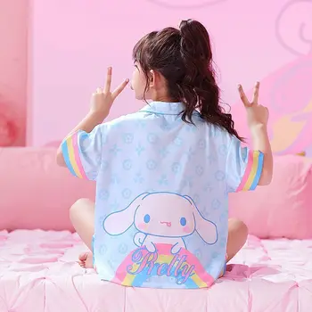 Пижами Hello Kitty аниме Kawaii Sanrio Cinnamoroll с хубав модел на My Melody Kuromi, летни панталони от ледената коприна с къс ръкав, подаръци за деца