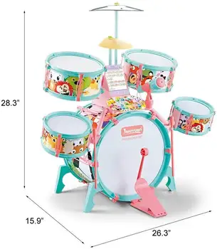 Детско Творчество 34 см, 5 бр. Игрова барабан Little Rock Kit за Стимулиране на Детското Джаз барабана С 6 музикални карти, Столче, Детска Играчка