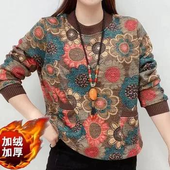 Реколта модни блузи с кръгло деколте и дебели принтом, женски корейски пуловери с дълги ръкави и джобове, тениски, дамски дрехи, есен-зима