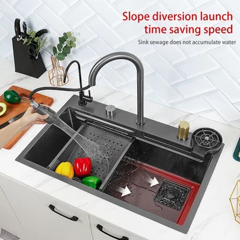 Скрит водопад, под кухненската мивка с един резервоар, мивка за измиване на зеленчуци от неръждаема стомана Nano 304 с мрежесто филтър, сливная кошница