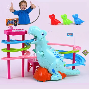 Чисто нова електрическа пързалка, плюшени рельсовый път, динозавър 3-6 години, изкачване на стълби, музикална светлинна игра, интерактивни образователни играчки