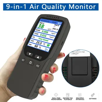 Мониторинг на качеството на въздуха 9в1 ФПЧ2.5 Детектор на формалдехид, измерване на температура и влажност на въздуха, тестер замърсяване, сензор за сигурност на дома, тестер TVOC