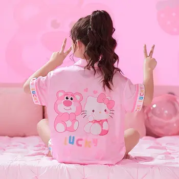 Пижами Hello Kitty аниме Kawaii Sanrio Cinnamoroll с хубав модел на My Melody Kuromi, летни панталони от ледената коприна с къс ръкав, подаръци за деца