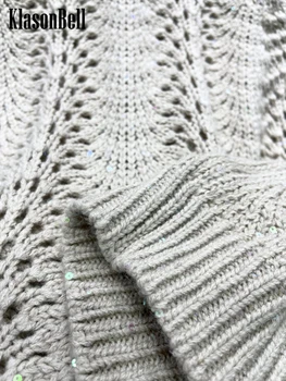 7,14 KlasonBell Модерен вязаный пуловер с бродерии, пайети, през цялата силует, дълъг ръкав, выдалбливают, вязаный пуловер за жени