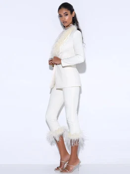 Modphy, нов бял модерен офис блейзър с пера, женски комплект, тънък елегантен сако с дълъг ръкав и панталони с дължина до прасците, комплект от две части